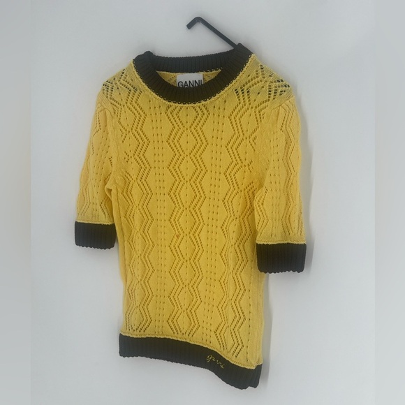 Ganni Contrast Chevron Pointelle Knit Embroidered Logo Tee Yellow Top - Picture 3 of 9